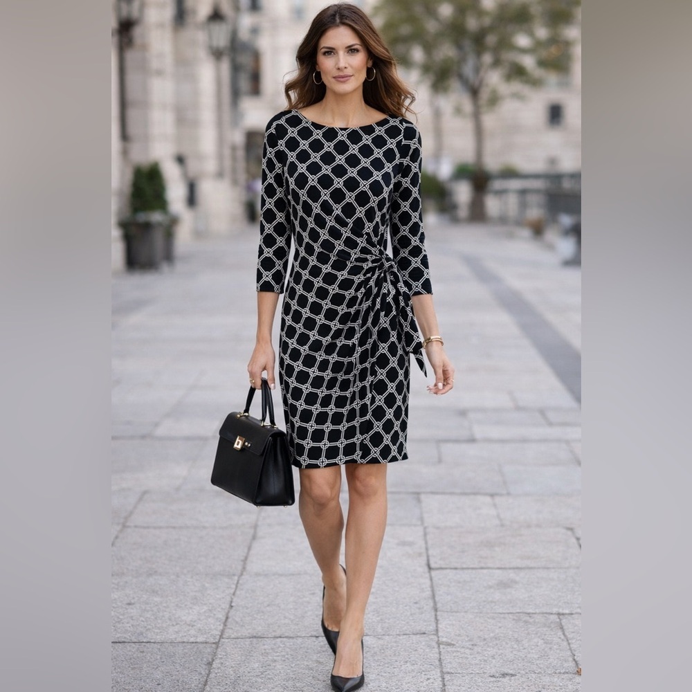 Chaps Black and White Geometric Long Sleeve Dress